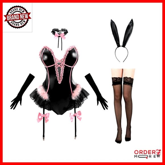 Other - Leopard Print Bunny Bodysuit Costume Set with Ears Gloves Thigh Highs